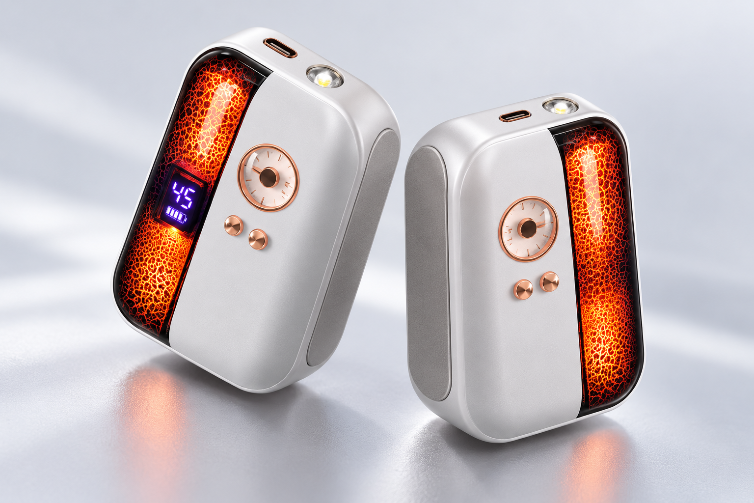Magnetic split design showing digital display, USB-C and flashlight concept